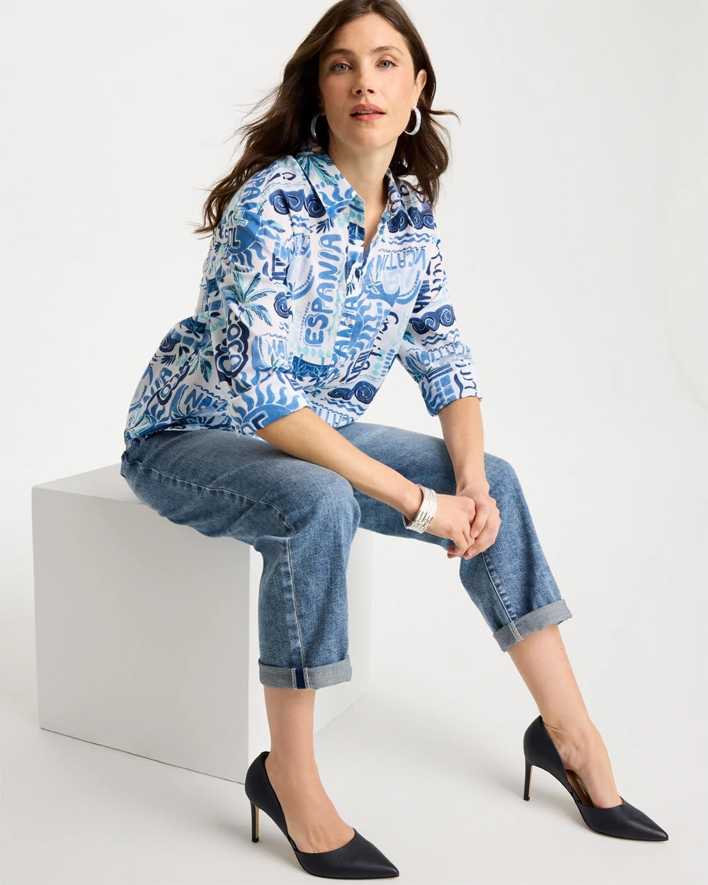 Chico's Value - Cotton Voile Collared Beach Shirt Bondi Blue