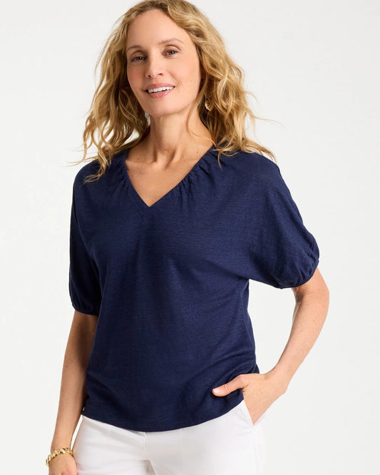 Chico's Smart Buy - Linen Ruched V-Neck Tee Passport Blue