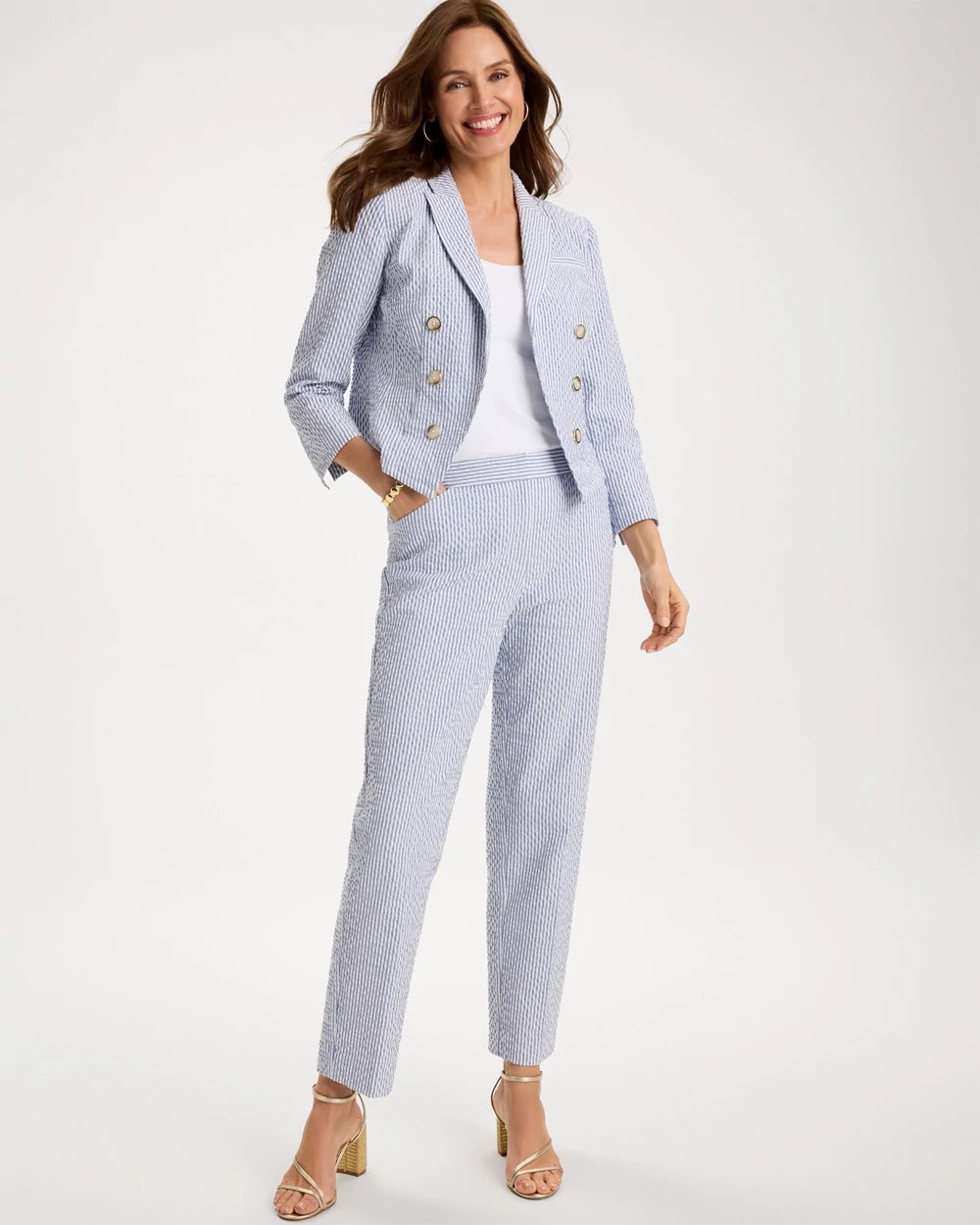 Chico's Popular - Striped Seersucker Straight Ankle Pants Blue