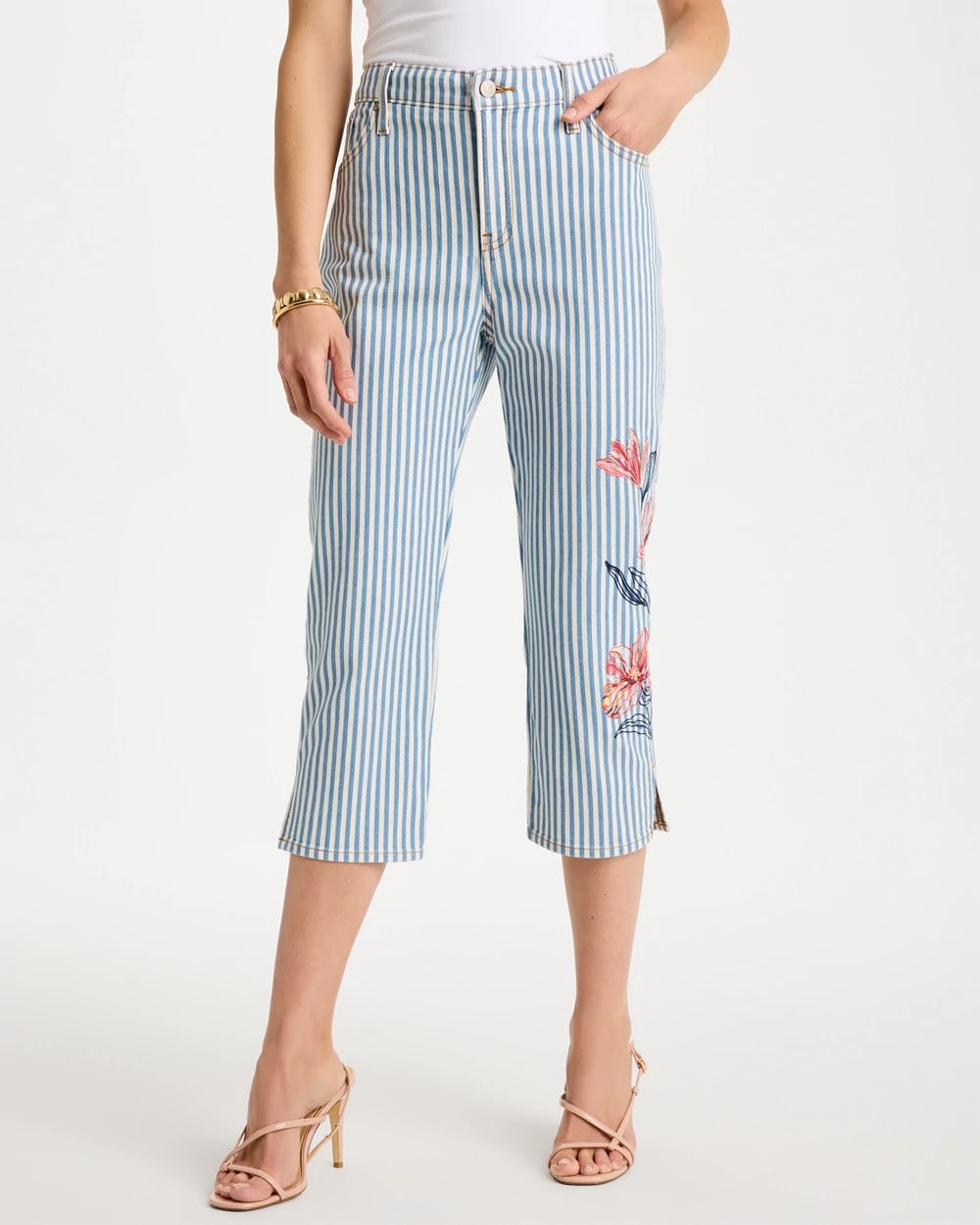 Chico's Signature - Girlfriend Slim Striped Capri Jeans Blue Stripe