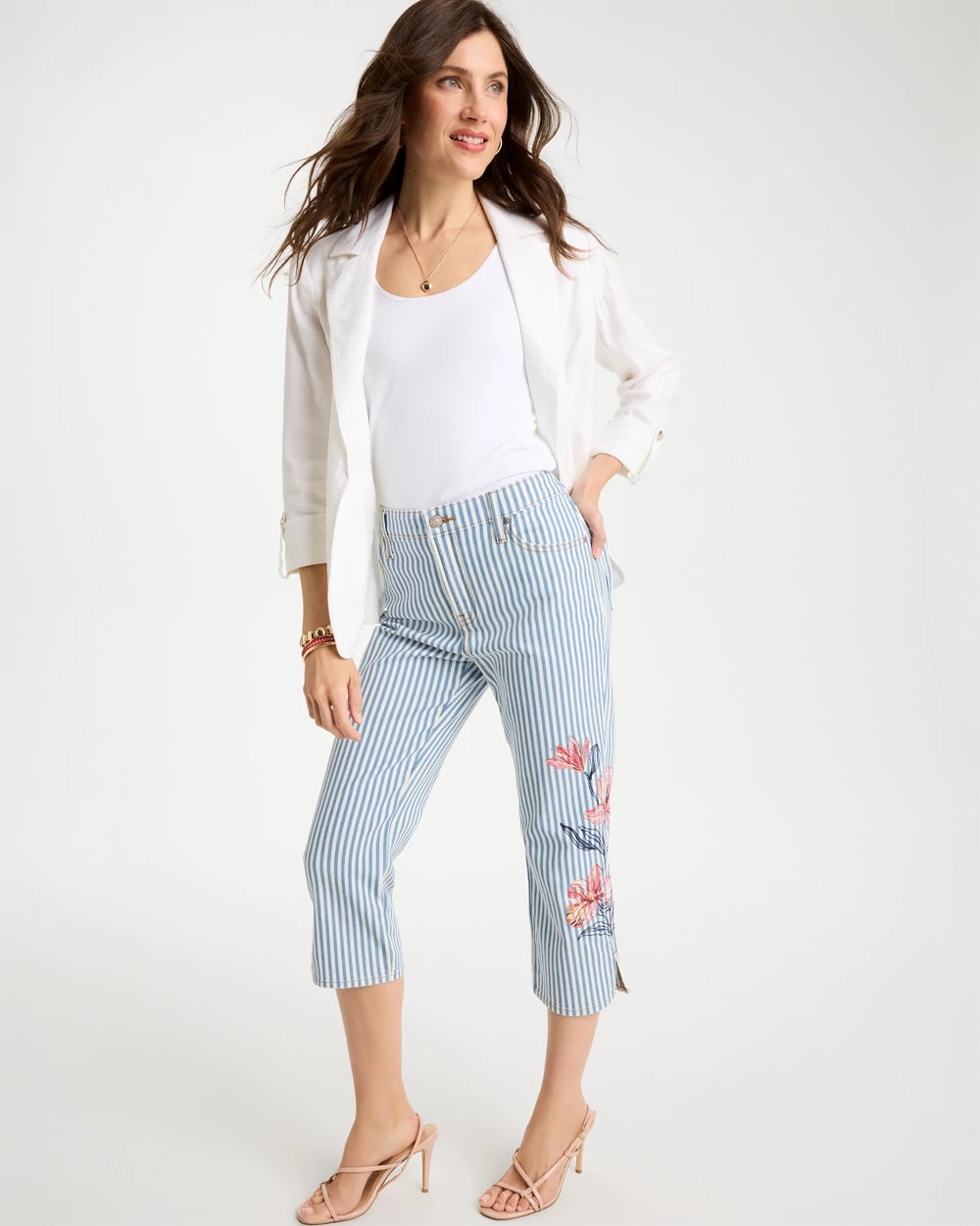Chico's Signature - Girlfriend Slim Striped Capri Jeans Blue Stripe