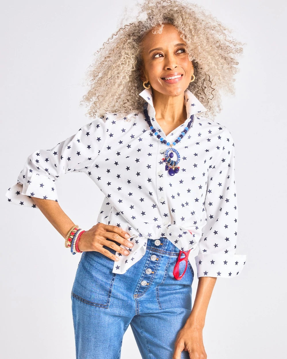 Chico's Best Seller - No Iron™ Stretch Jacquard Stars Shirt Passport Blue