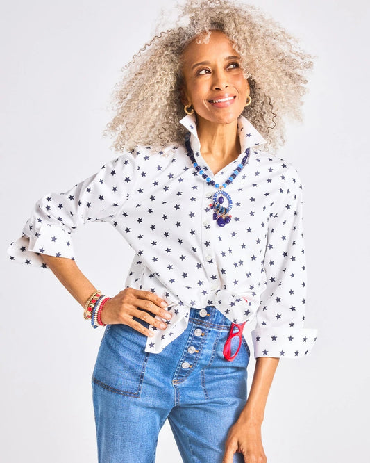 Chico's Best Seller - No Iron™ Stretch Jacquard Stars Shirt Passport Blue