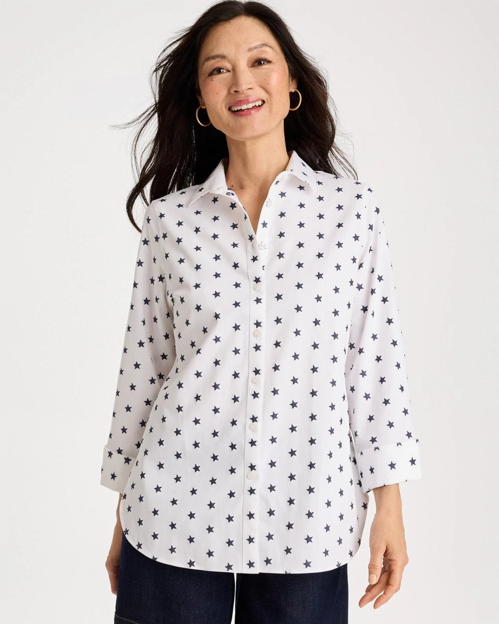 Chico's Best Seller - No Iron™ Stretch Jacquard Stars Shirt Passport Blue