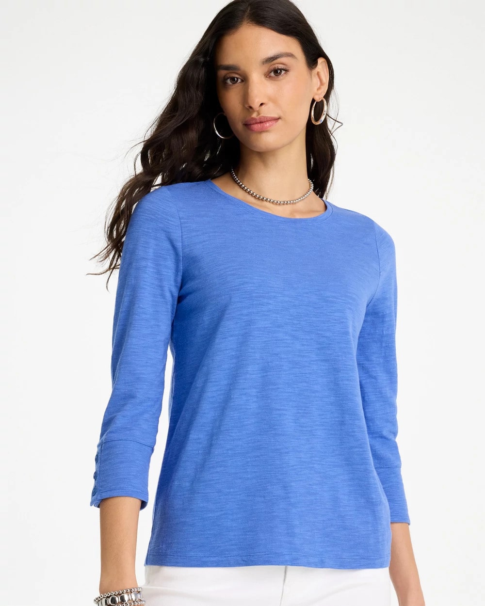 Chico's Top Pick - Cotton Slub 3/4 Sleeve Button Tee Amparo Blue