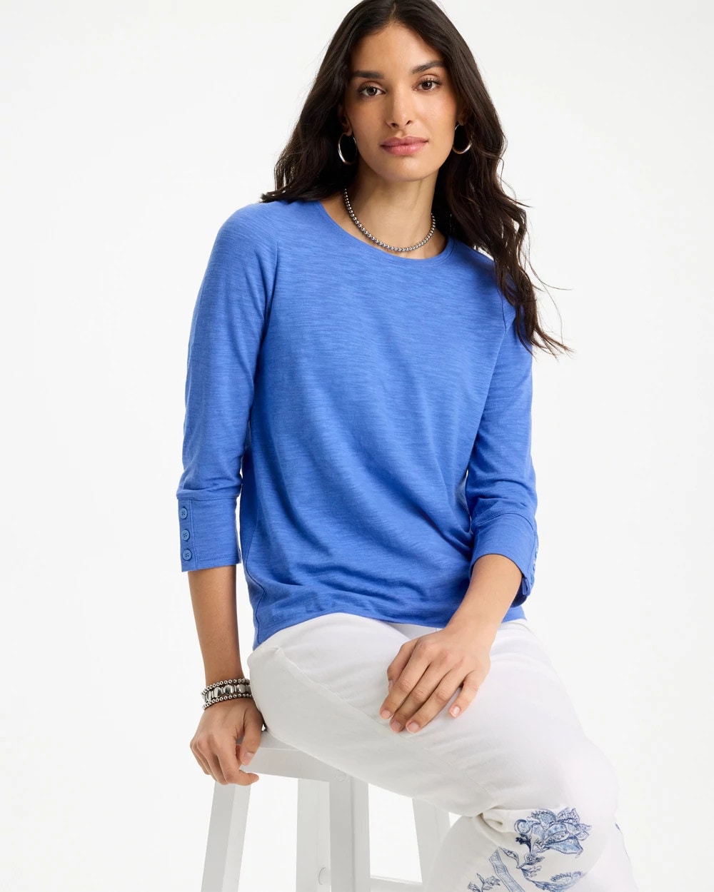 Chico's Top Pick - Cotton Slub 3/4 Sleeve Button Tee Amparo Blue