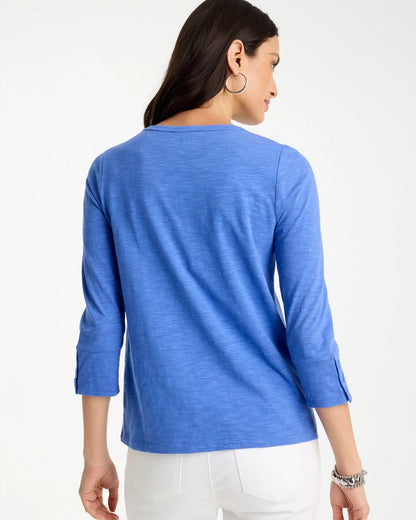 Chico's Top Pick - Cotton Slub 3/4 Sleeve Button Tee Amparo Blue
