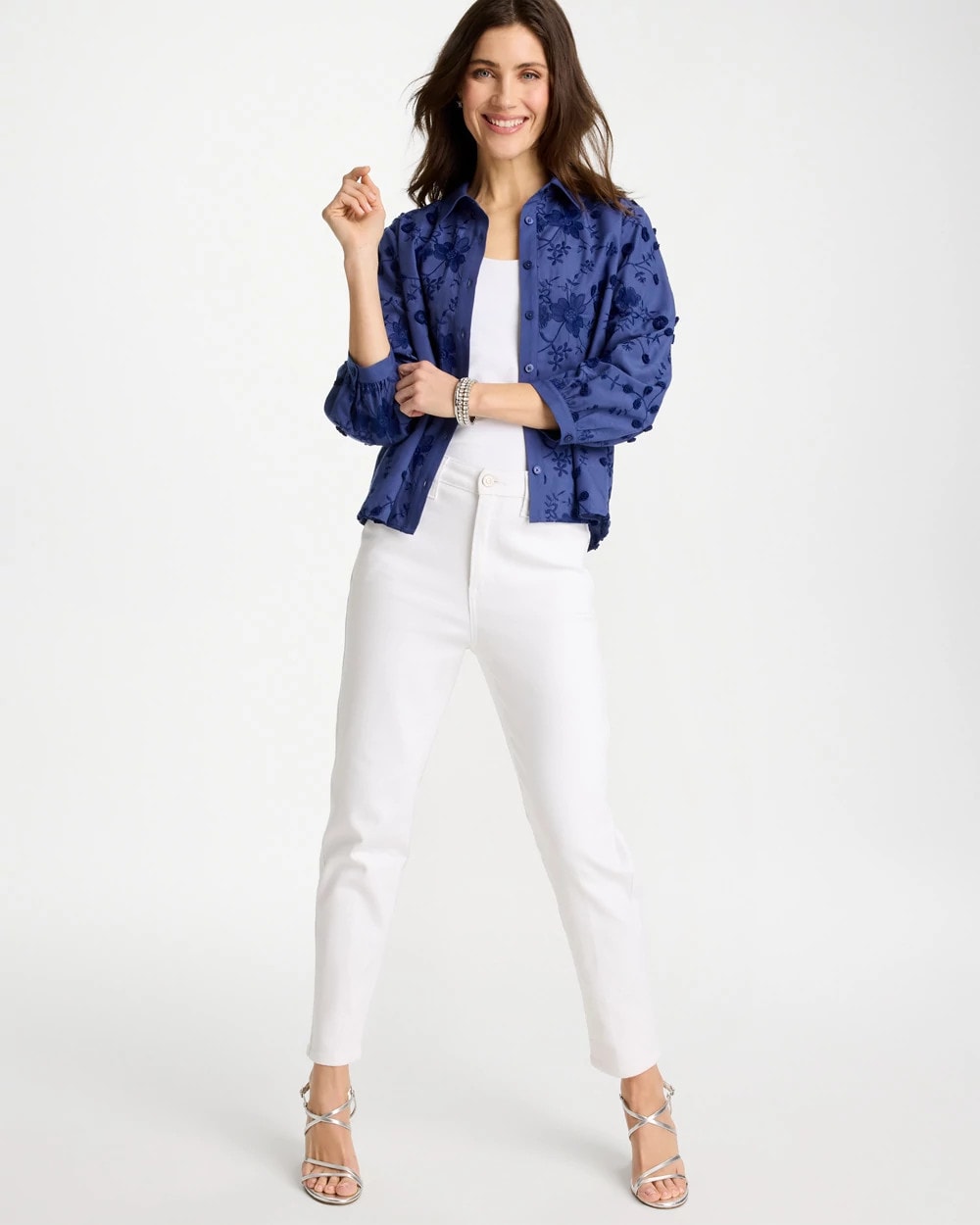 Chico's Essential - 3D Floral Embroidered Top Indigo