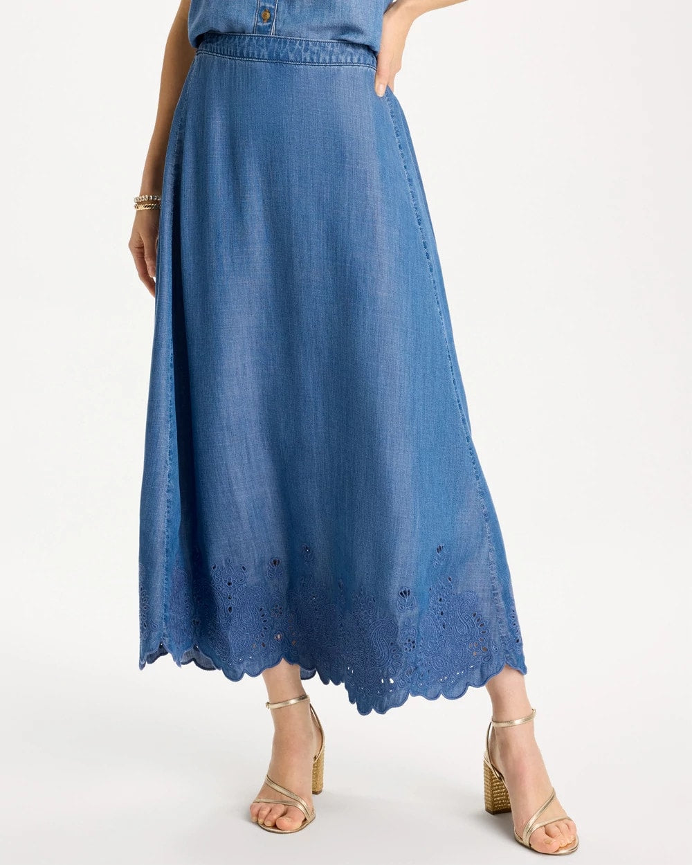 Chico's Classic - Indigo Twill Embroidered Hem Skirt Pearl Indigo