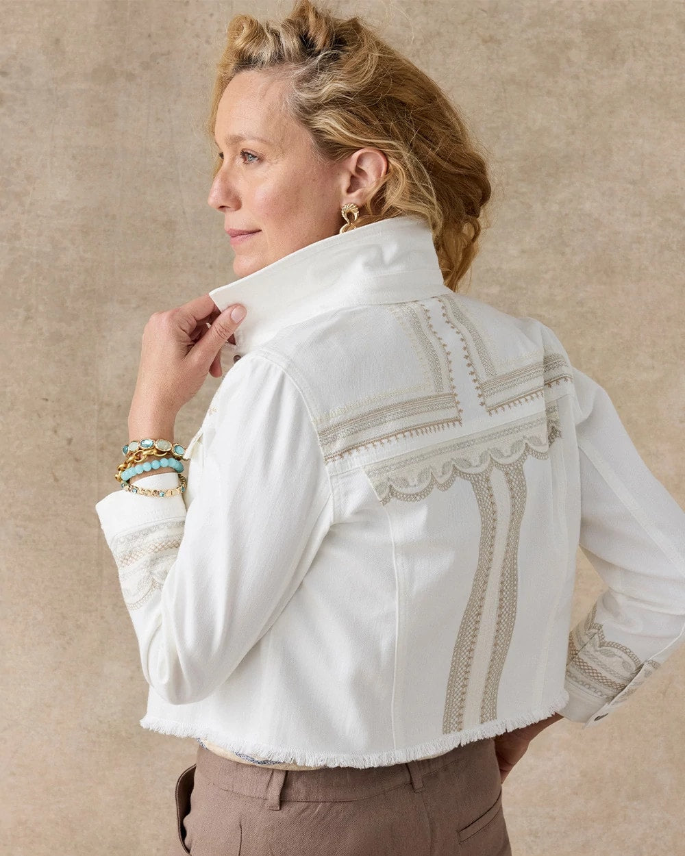 Chico's Best Seller - Embroidered Cropped Denim Trucker Jacket Alabaster