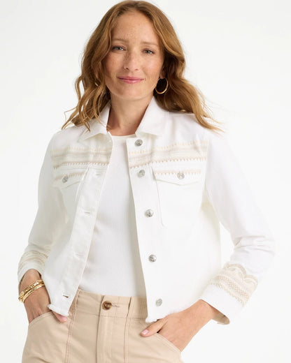 Chico's Best Seller - Embroidered Cropped Denim Trucker Jacket Alabaster