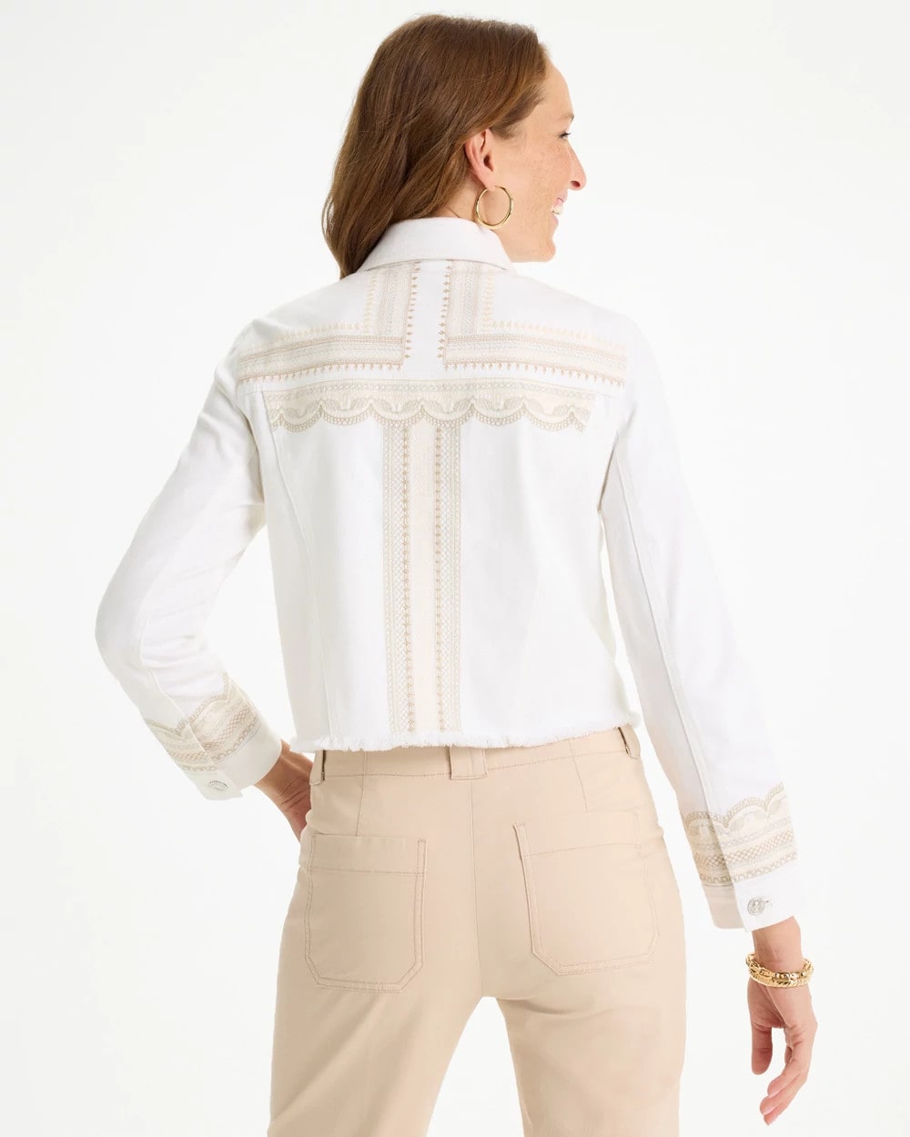 Chico's Best Seller - Embroidered Cropped Denim Trucker Jacket Alabaster