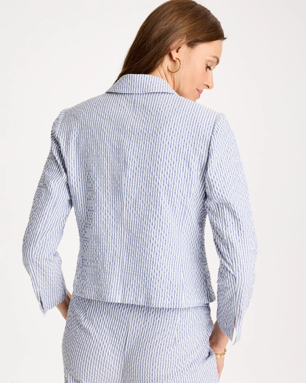 Chico's Hot Sale - Seersucker Striped Cropped Blazer Blue
