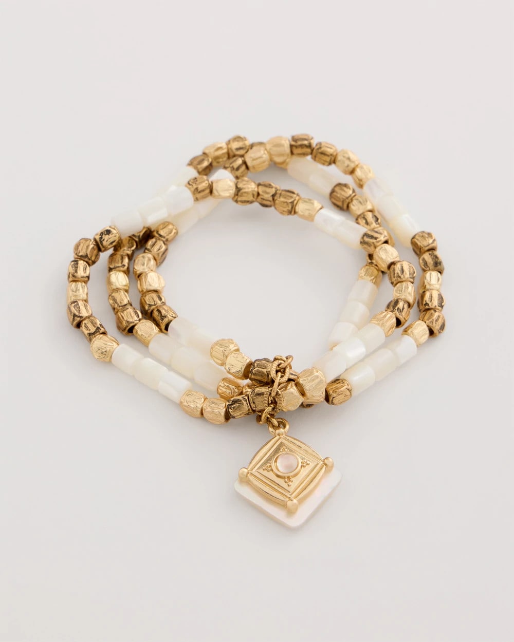 Chico's Signature - Set of 3 Pearl Treasure Stretch Bracelets Gold