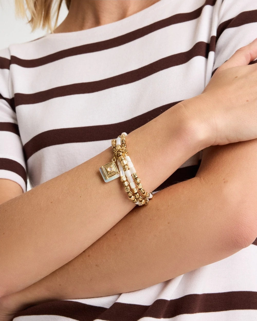 Chico's Signature - Set of 3 Pearl Treasure Stretch Bracelets Gold