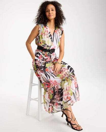 Chico's Premium - Crinkle Chiffon Animal Print Dress Black