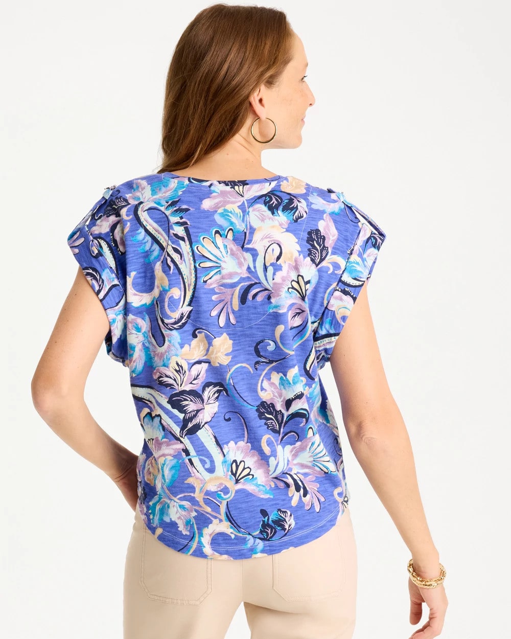 Chico's Premium - Paisley Cotton Slub Epaulette Tee Amparo Blue