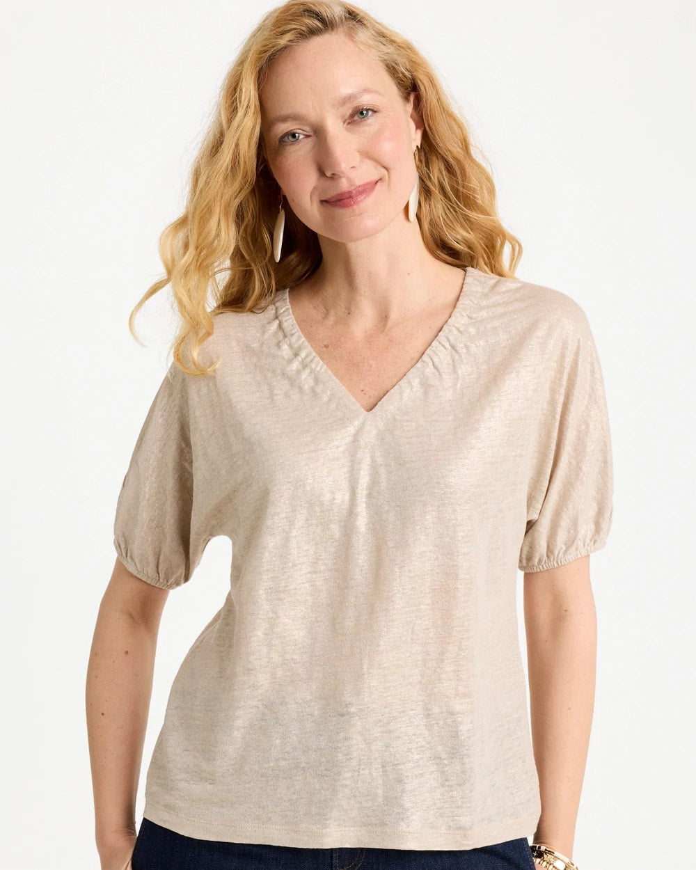 Chico's Discount - Fog Foiled Linen Ruched V-Neck Tee Smokey Taupe