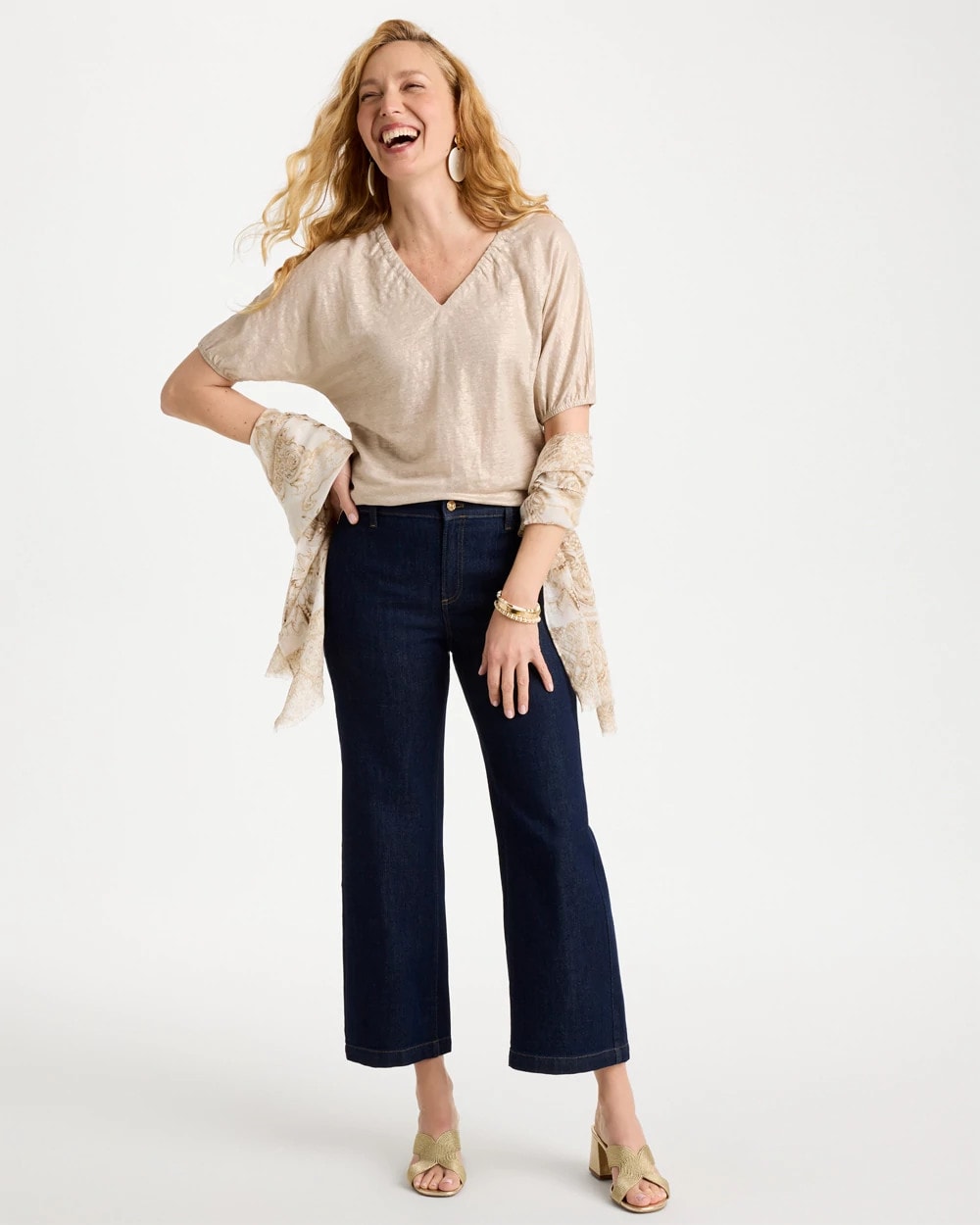 Chico's Discount - Fog Foiled Linen Ruched V-Neck Tee Smokey Taupe
