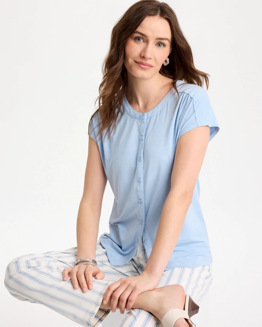 Chico's Popular - Refined Button Tee Blue Haven