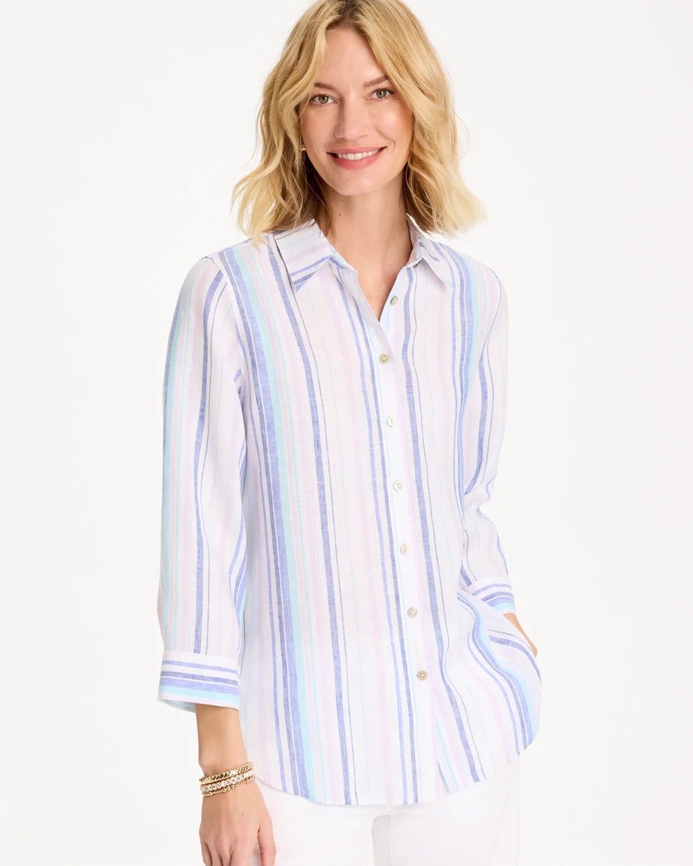 Chico's Great Value - No Iron™ Linen Striped Shirt Amparo Blue