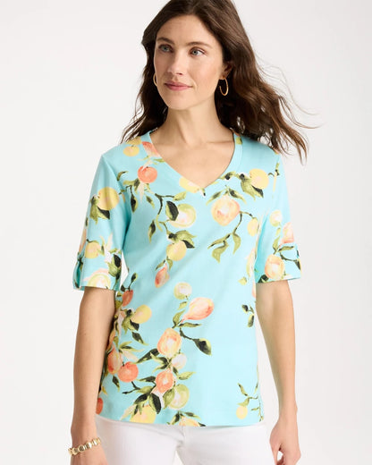 Chico's Classic - Pima Printed Elbow-Sleeve Tee Bondi Blue