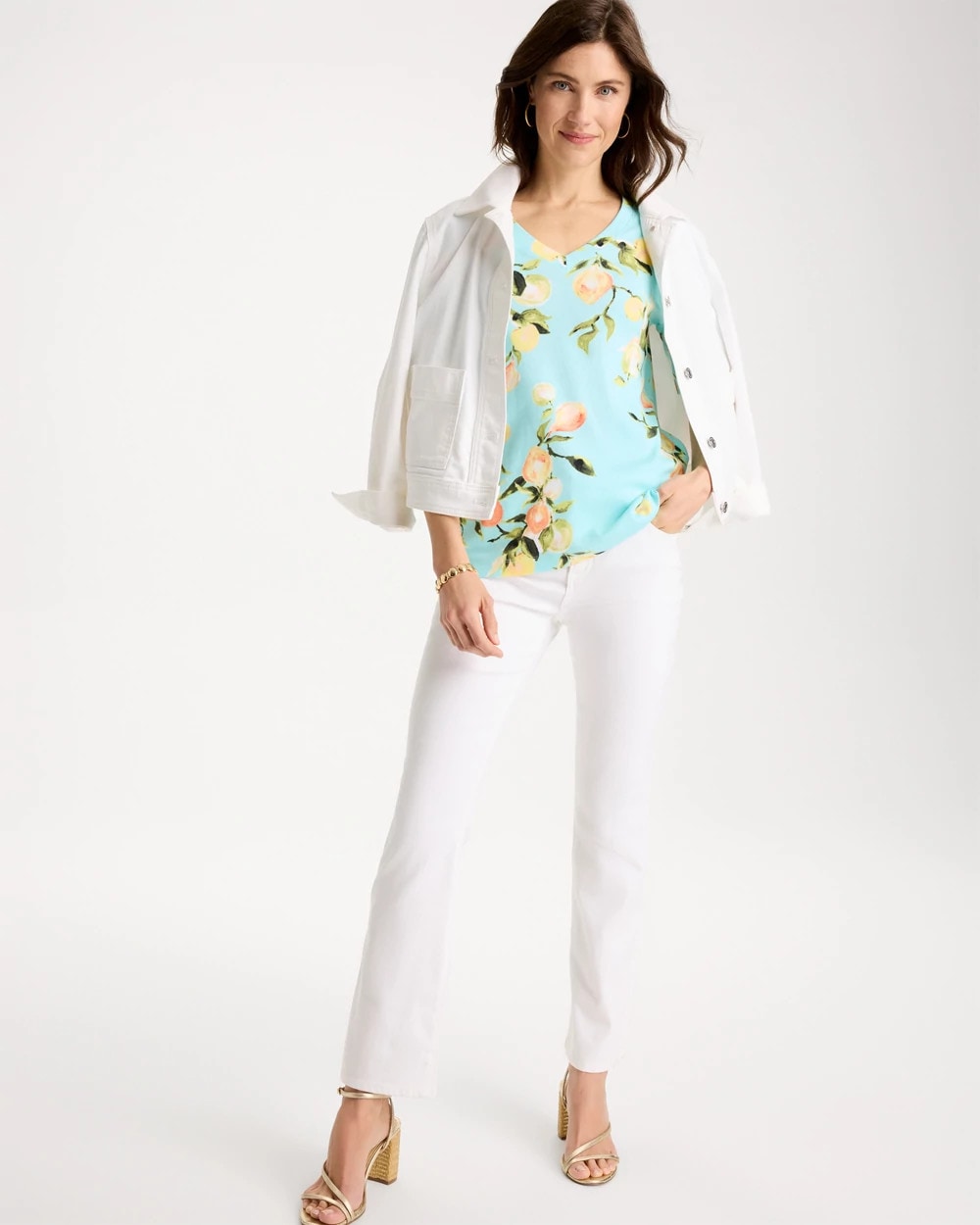 Chico's Classic - Pima Printed Elbow-Sleeve Tee Bondi Blue