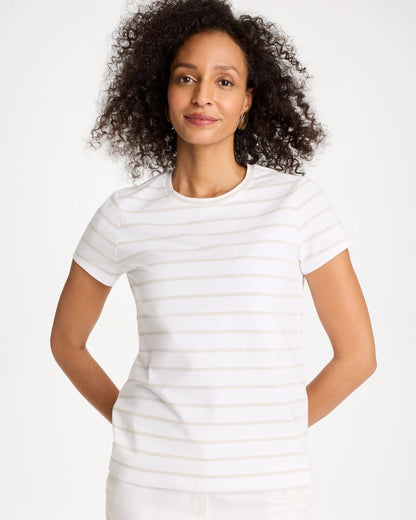 Chico's Quality - Cotton Stretch Striped Cap Sleeve Tee Alabaster