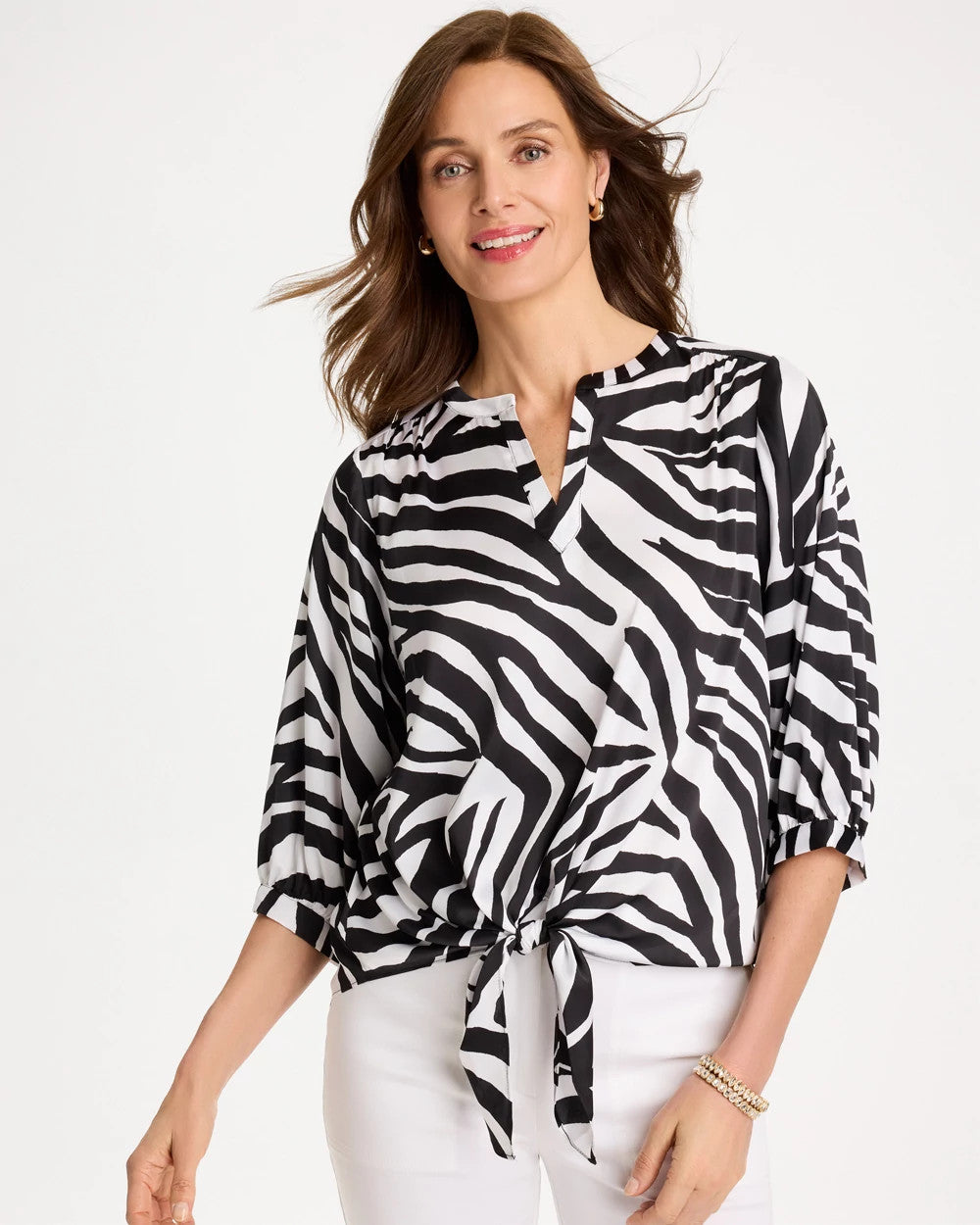 Chico's Premium - Satin Animal Print Tie-Front Top Black