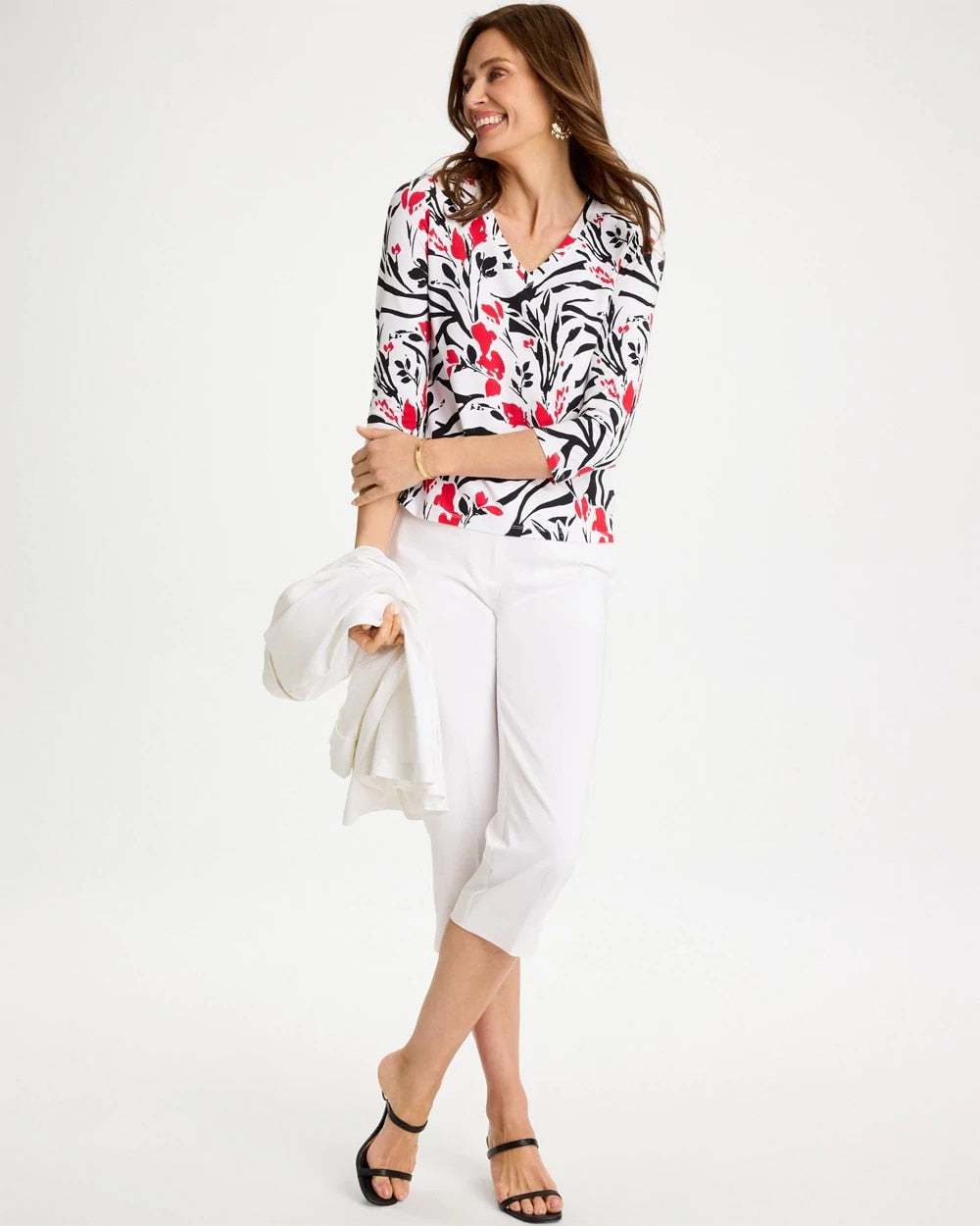 Chico's Latest - Cotton Stretch 3/4 Sleeve Floral Tee Black