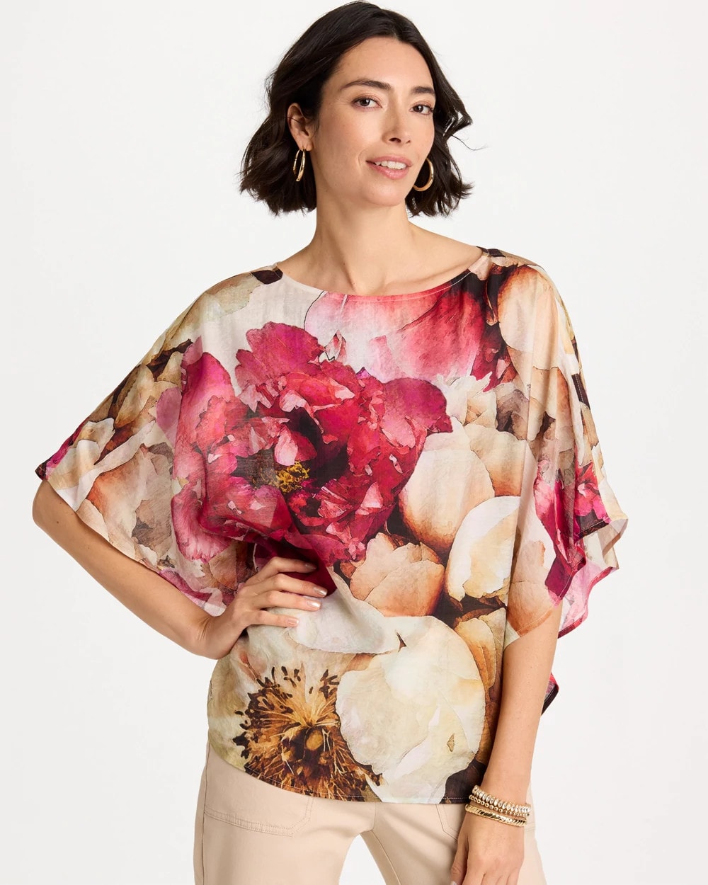 Chico's Classic - Boatneck Printed Poncho Ecru