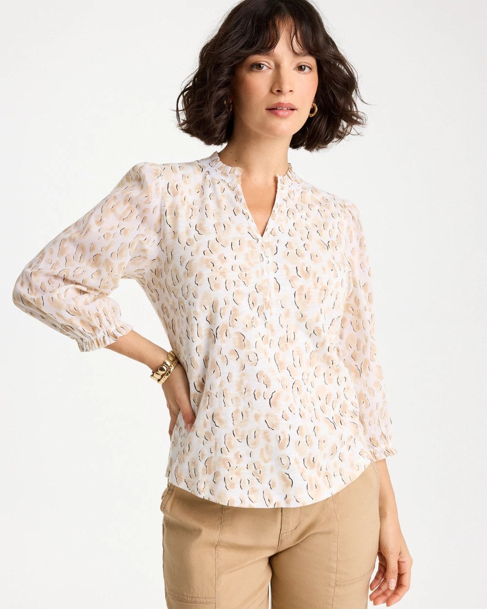 Chico's Discount - Animal Print Ruffled V-Neck Top Mocha Mousse