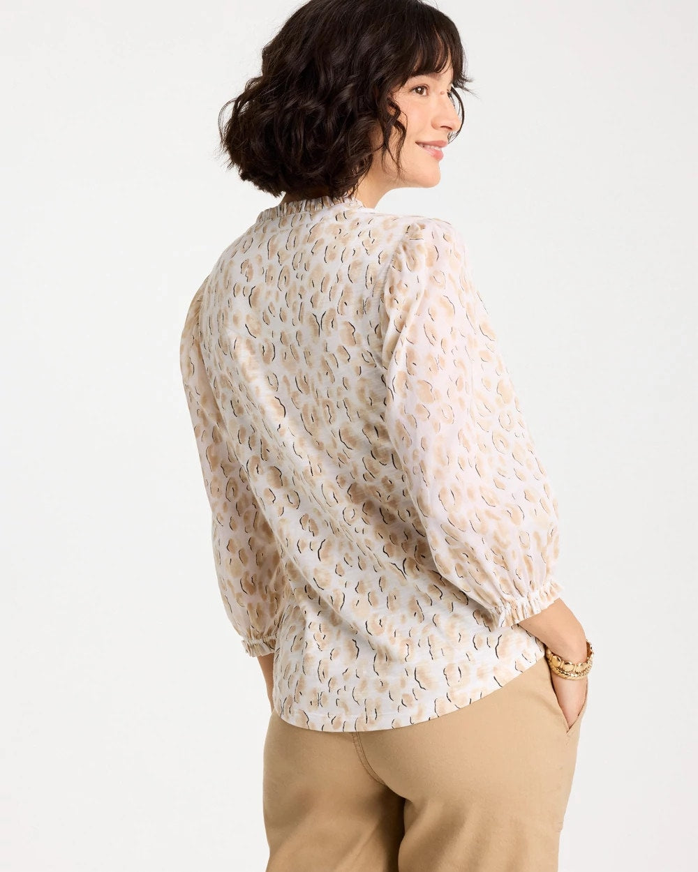 Chico's Discount - Animal Print Ruffled V-Neck Top Mocha Mousse