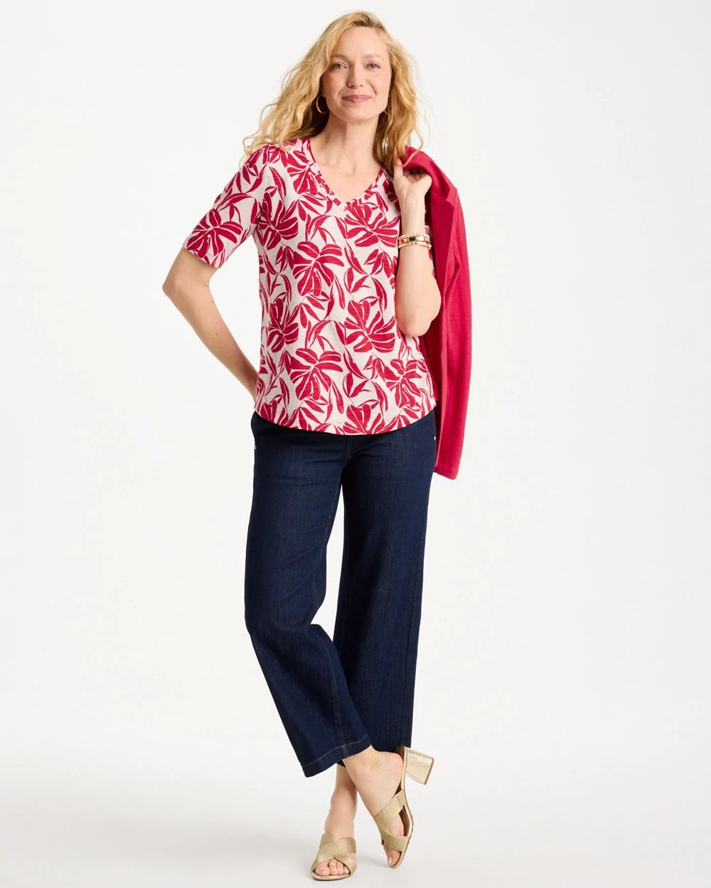 Chico's Signature - Printed Cotton Slub V-Neck Tee Cherry Lush