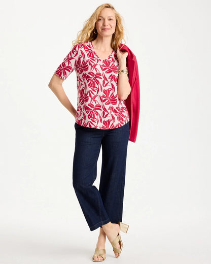 Chico's Signature - Printed Cotton Slub V-Neck Tee Cherry Lush