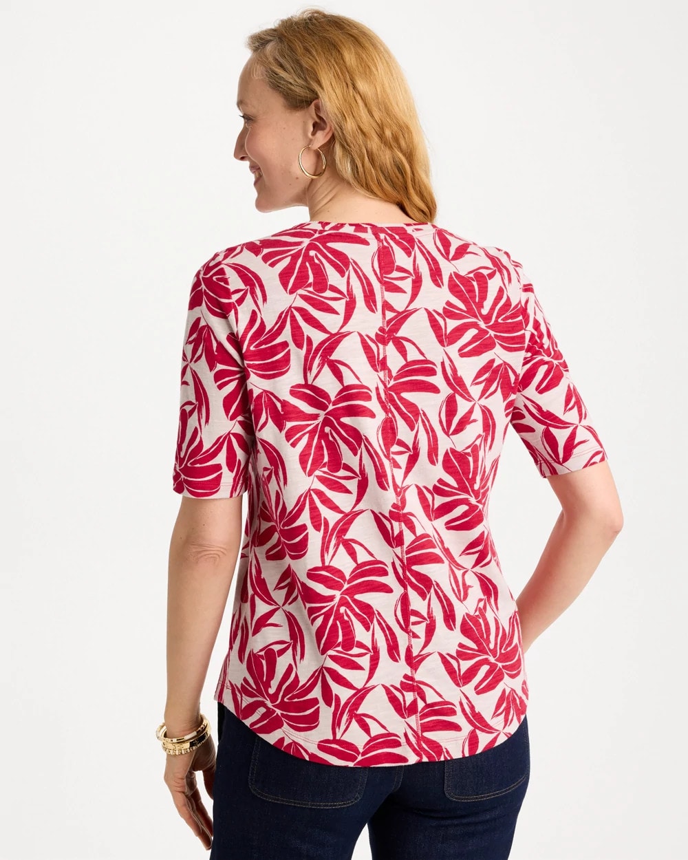 Chico's Signature - Printed Cotton Slub V-Neck Tee Cherry Lush