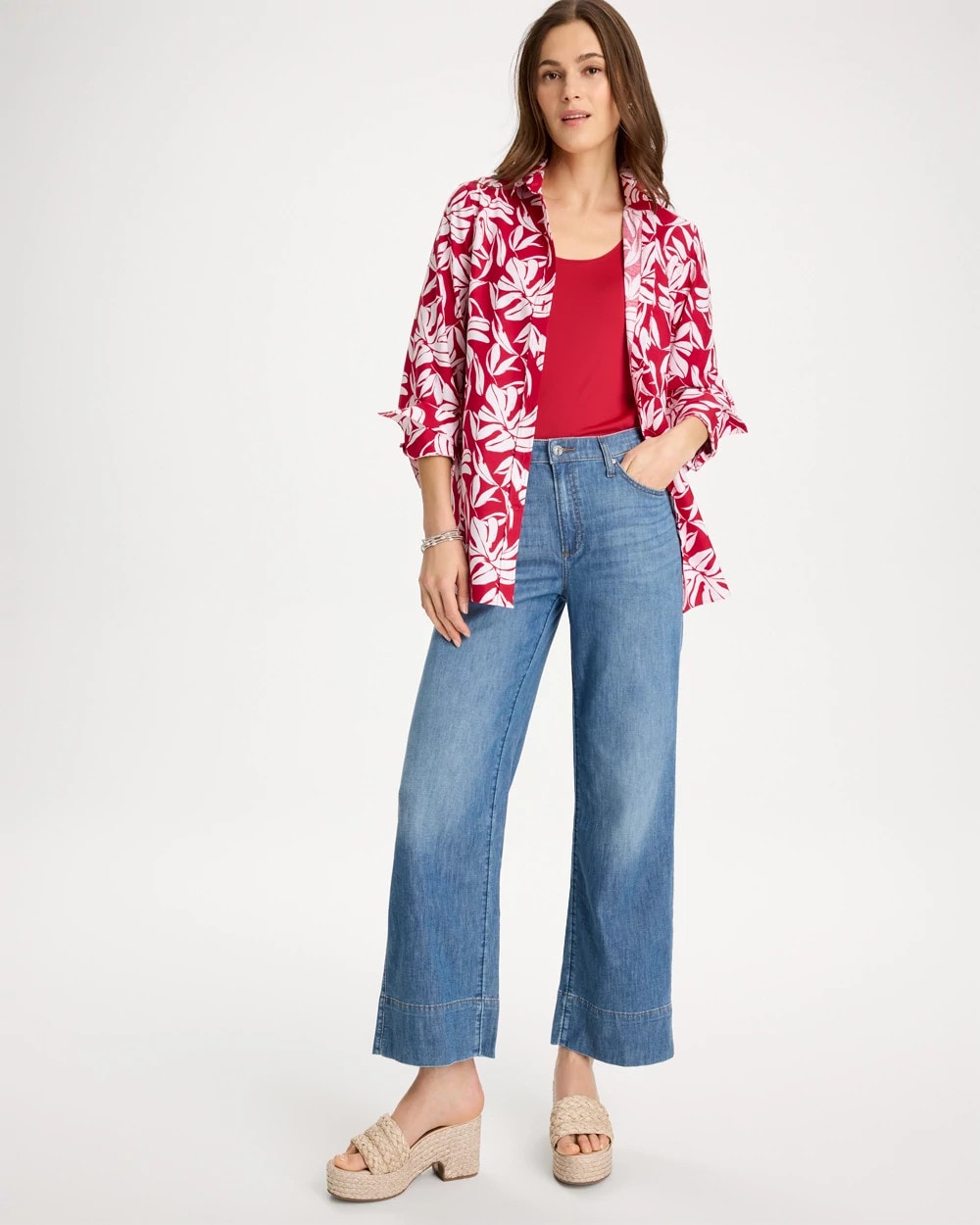 Chico's Classic - No Iron™ Stretch Palm Print Shirt Cherry Lush