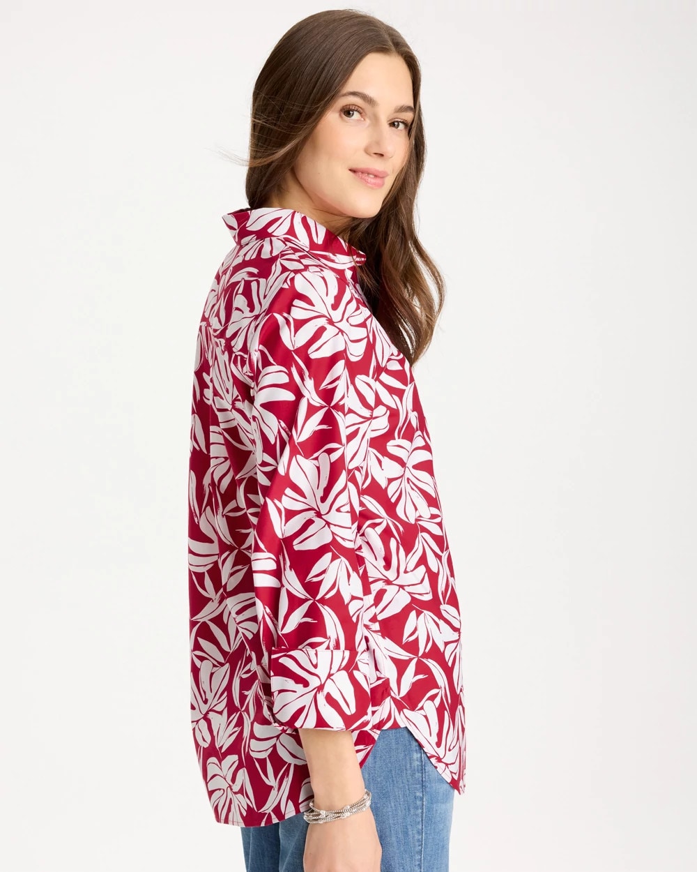 Chico's Classic - No Iron™ Stretch Palm Print Shirt Cherry Lush