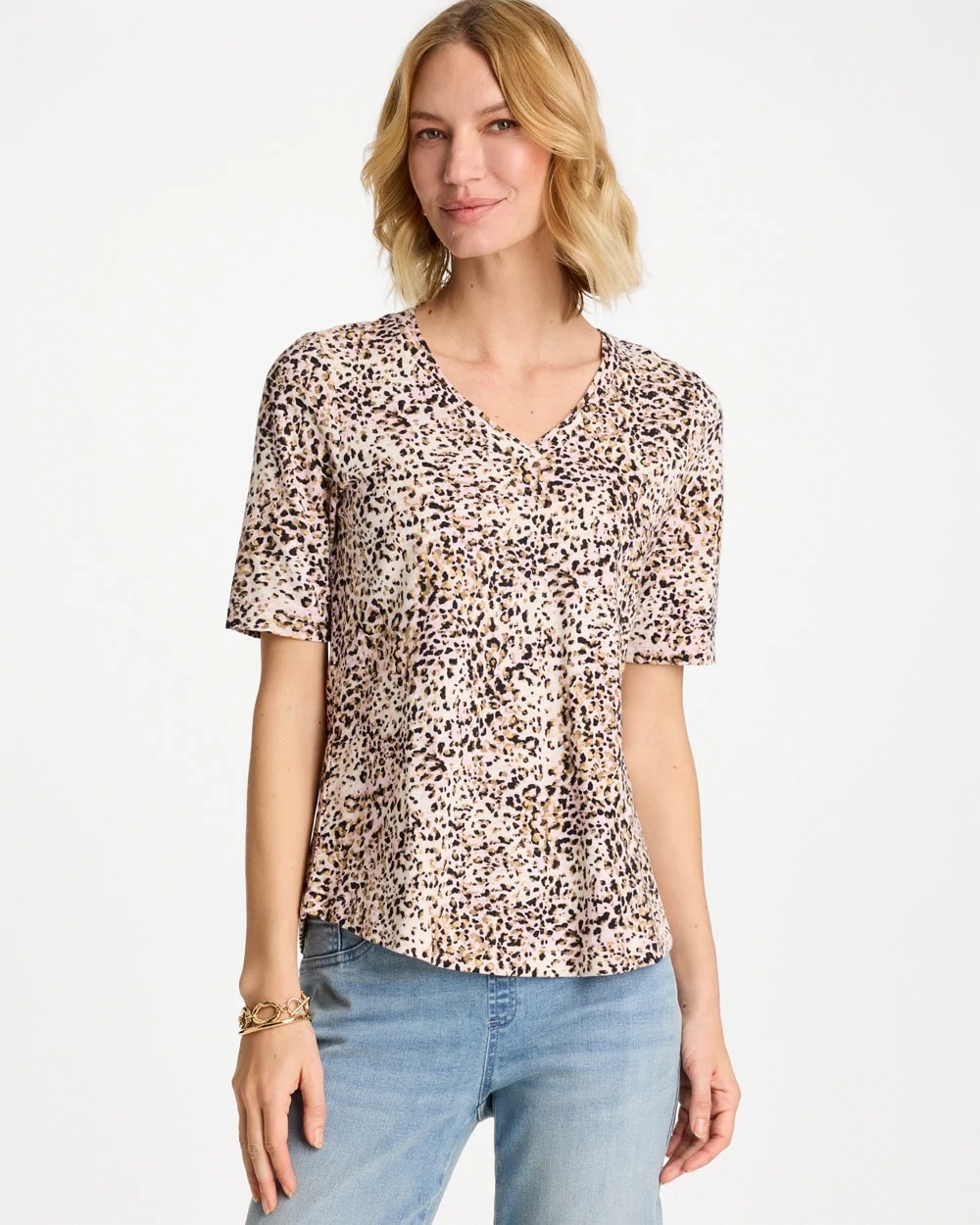 Chico's Trending - Printed Cotton Slub V-Neck Tee Cattail Brown