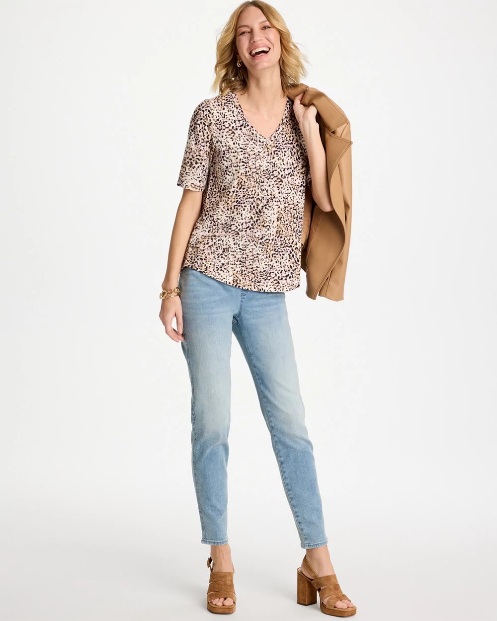 Chico's Trending - Printed Cotton Slub V-Neck Tee Cattail Brown