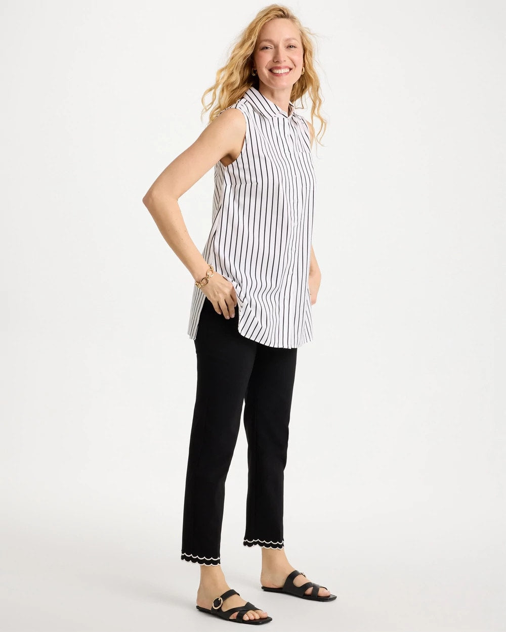 Chico's New - Poplin Cotton Collared Striped Tunic Black