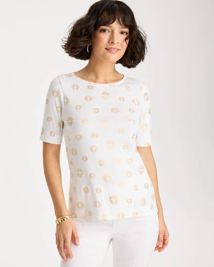 Chico's Signature - Stamped Pima Elbow Sleeve Tee Alabaster