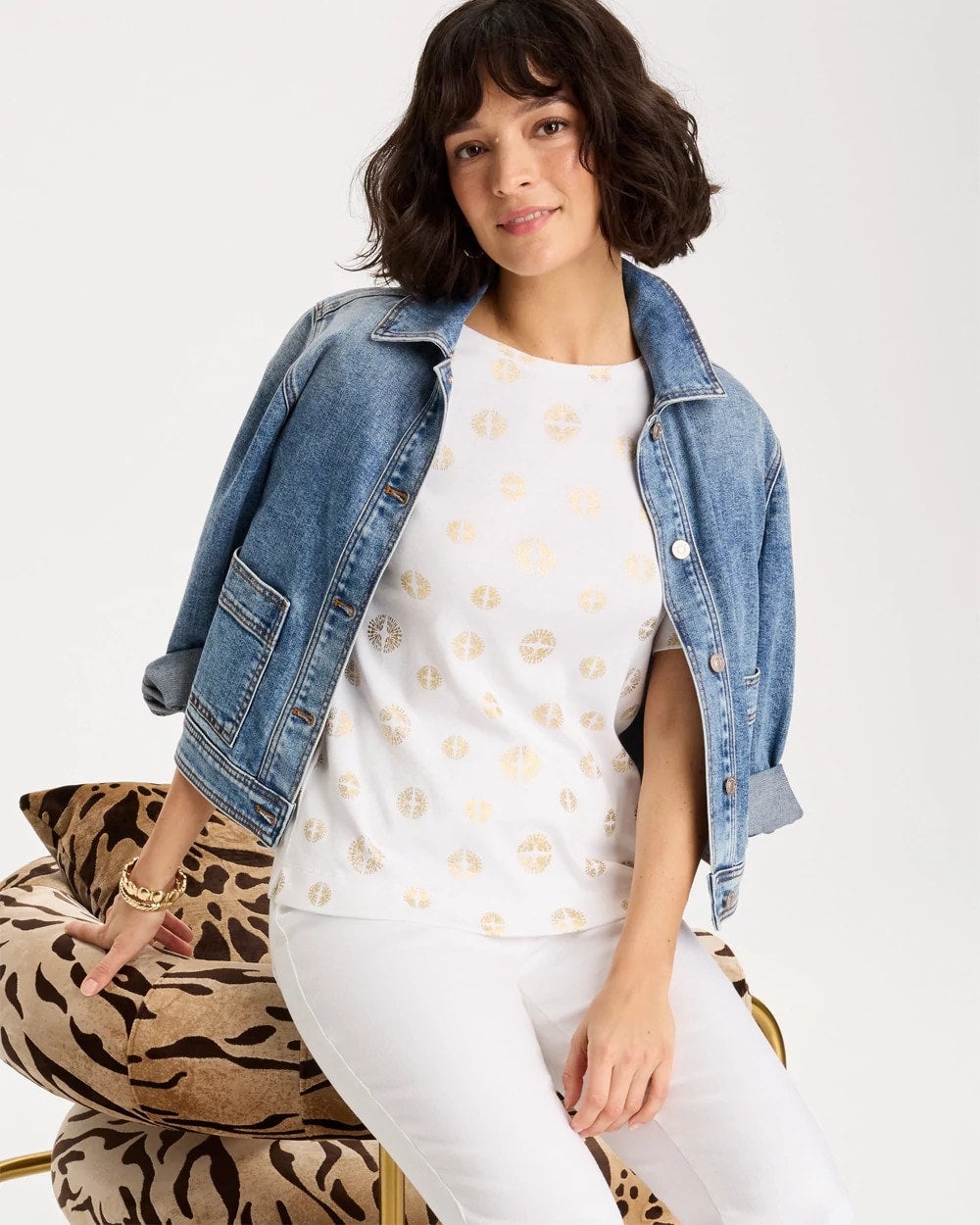 Chico's Signature - Stamped Pima Elbow Sleeve Tee Alabaster