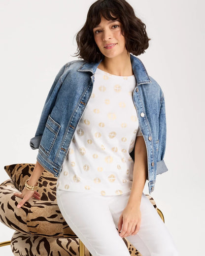 Chico's Signature - Stamped Pima Elbow Sleeve Tee Alabaster