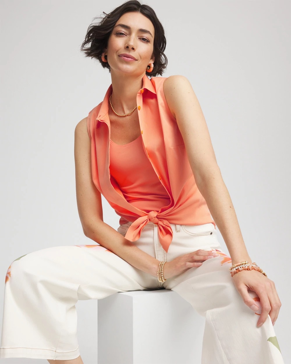 Chico's Best Seller - No Iron™ Sleeveless Sateen-Stretch Shirt Sunset Peach