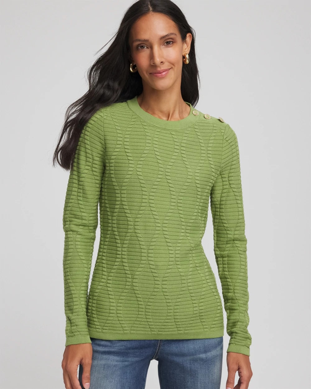 Chico's Premium - Button Shoulder Crewneck Pullover Green Fig