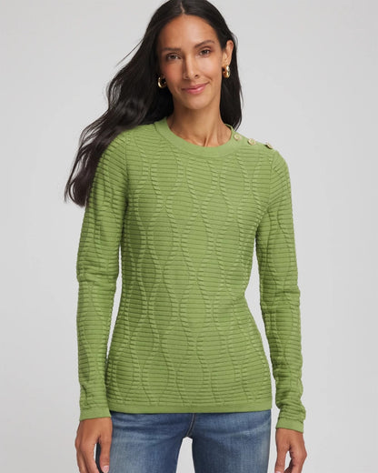 Chico's Premium - Button Shoulder Crewneck Pullover Green Fig