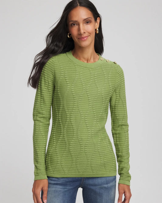 Chico's Premium - Button Shoulder Crewneck Pullover Green Fig