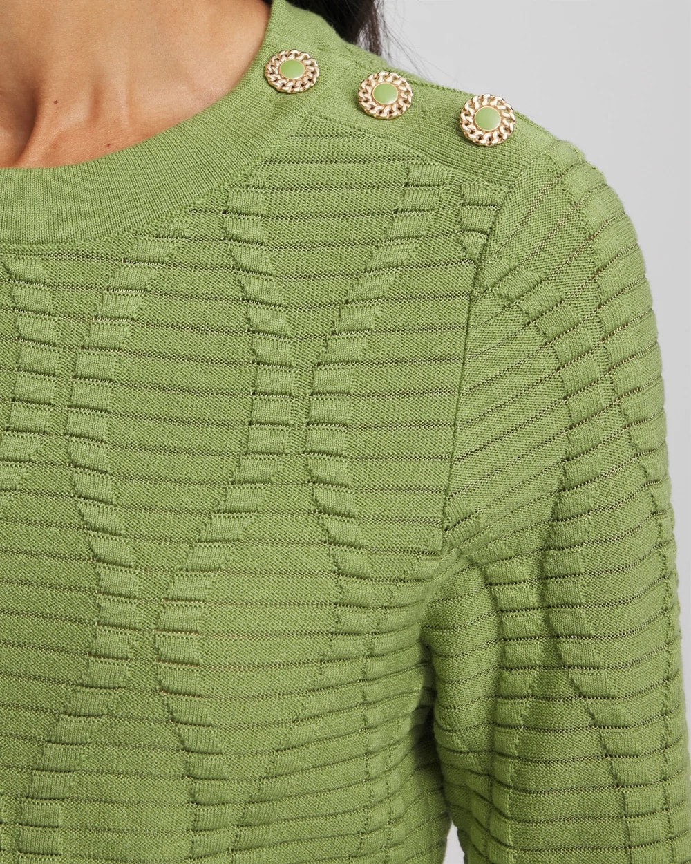 Chico's Premium - Button Shoulder Crewneck Pullover Green Fig