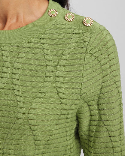 Chico's Premium - Button Shoulder Crewneck Pullover Green Fig